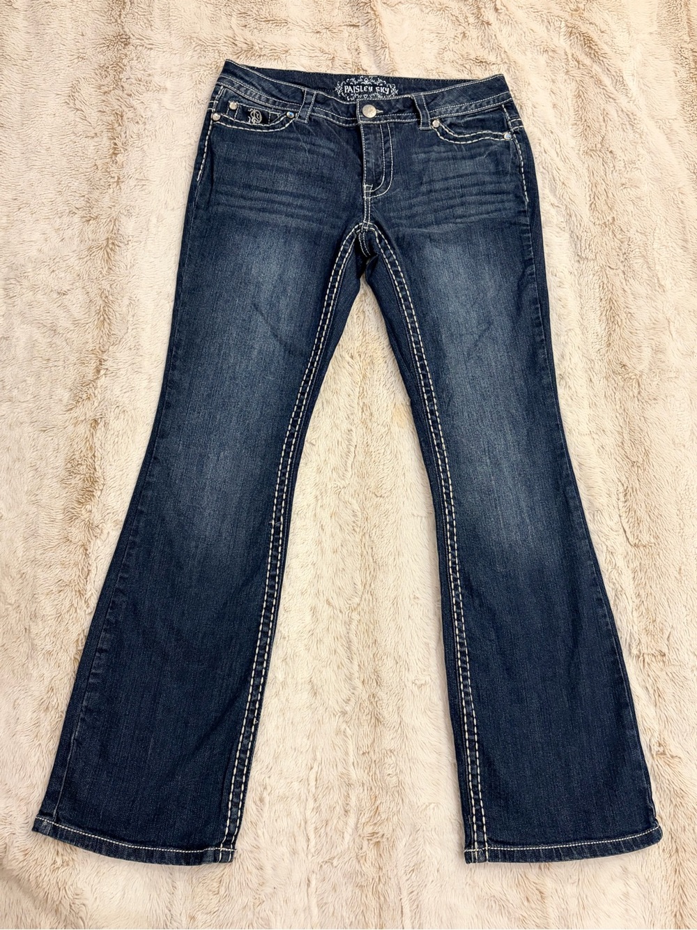 ✨ Vintage Y2K Paisley Sky Low Rise Flare Jeans Rhinestone McBling Grunge